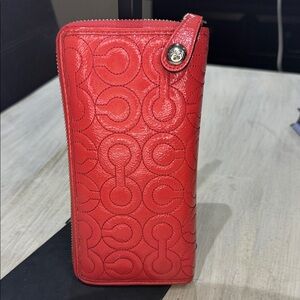 Authentic Coach Signature OP ART Coral Embossed Leather Wallet